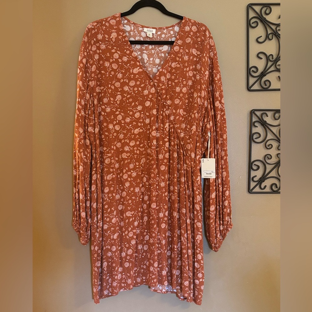 a.n.a Terracotta Floral V-Neck Dress XXL NWT